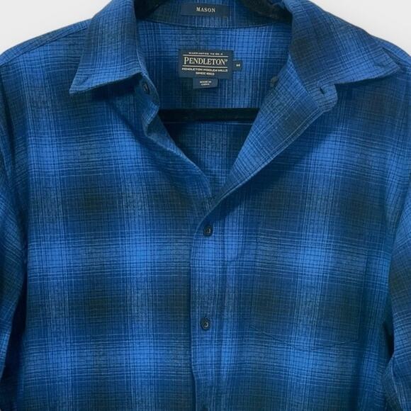 Men's Pendleton long sleeve blue plaid button down Mason shirt cotton medium - Picture 3 of 9